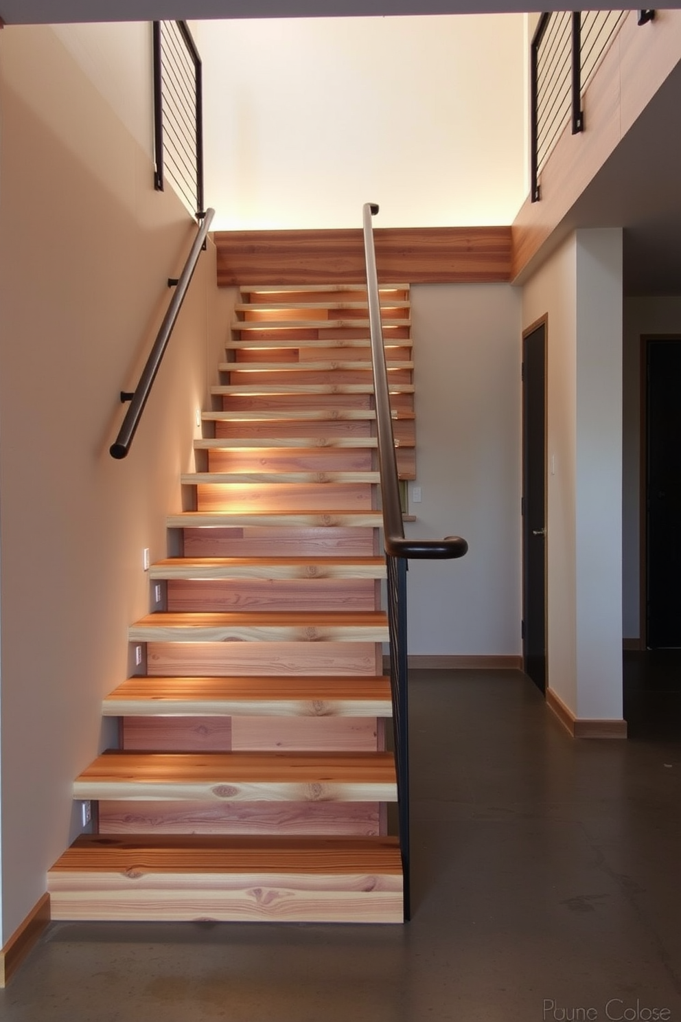 A stunning staircase made of reclaimed wood that showcases its natural grain and texture. The design features open risers and a sleek metal railing that complements the rustic charm of the wood. The staircase is illuminated by soft, warm lighting that highlights the beauty of the materials. Surrounding the staircase, a minimalist aesthetic is maintained with neutral-colored walls and a polished concrete floor.