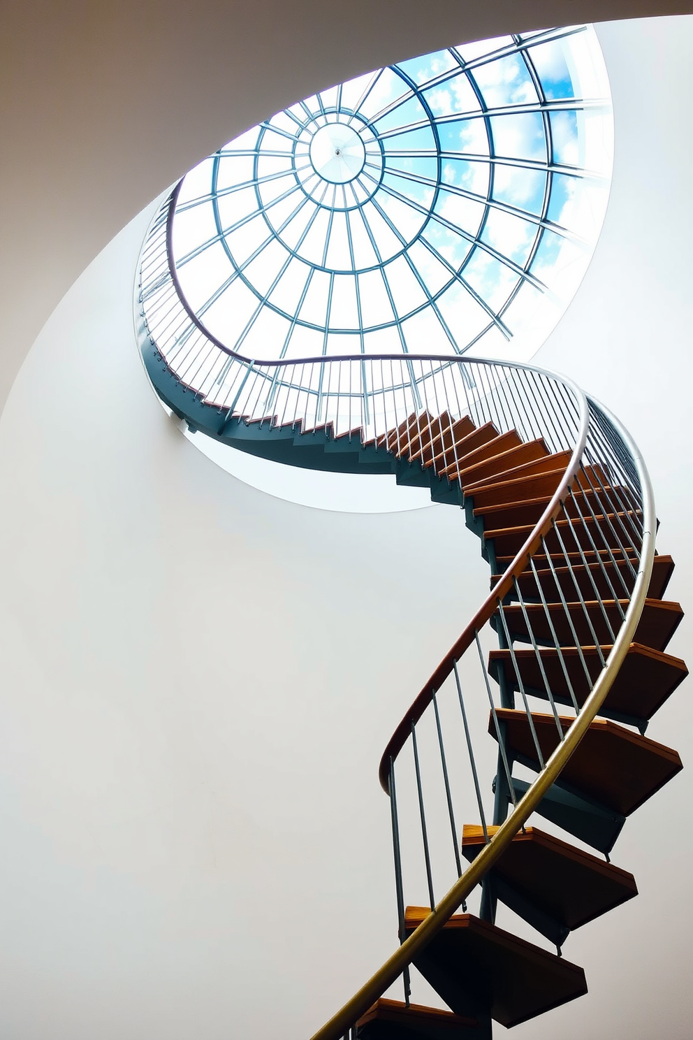 An elegant spiral staircase gracefully ascends under a stunning glass dome that floods the space with natural light. The staircase features sleek metal railings and polished wooden steps, creating a harmonious blend of contemporary design and classic elegance.