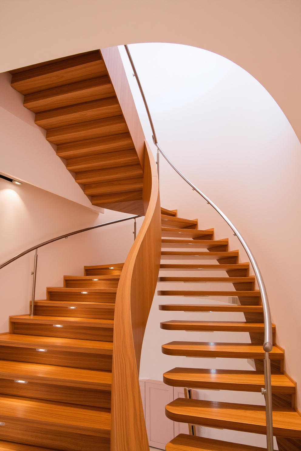 A sculptural wooden staircase gracefully curves upward, featuring integrated lighting that highlights its elegant lines. The warm tones of the wood contrast beautifully with the sleek metal railings, creating a harmonious blend of natural and contemporary design elements.