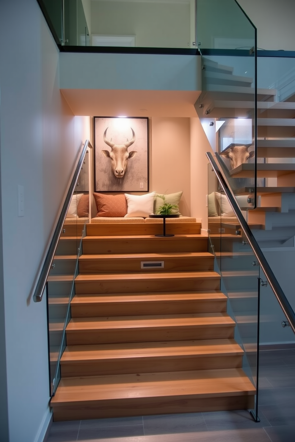 A contemporary staircase with illuminated steps showcases sleek lines and a minimalist design. The steps are crafted from polished wood, and soft LED lights are embedded along the edges, creating a warm glow. The railing is made of glass, providing an unobstructed view and enhancing the airy feel of the space. The walls are painted in a soft white, allowing the staircase to be the focal point of the entryway.