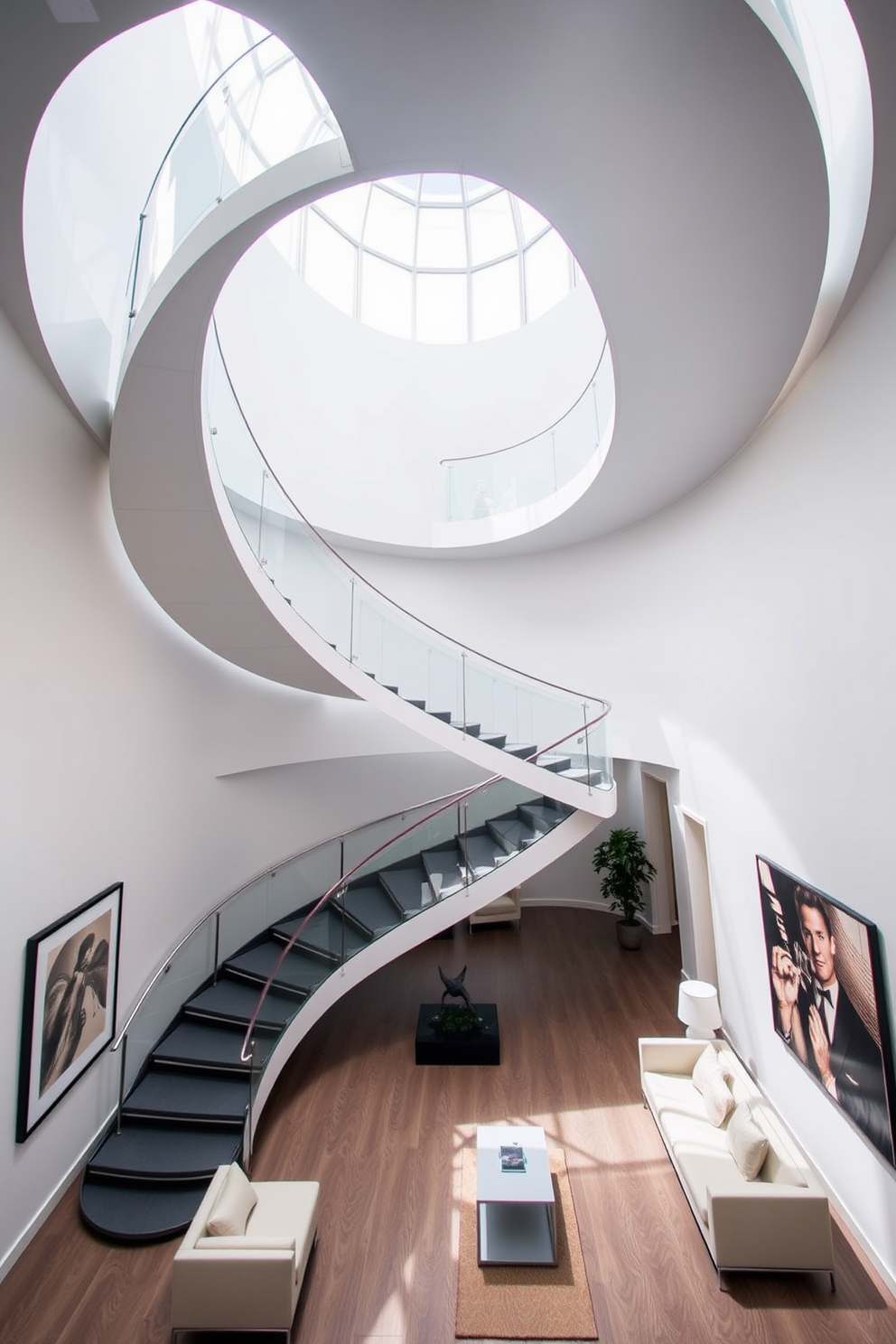 A stunning double helix staircase spirals gracefully upwards, showcasing a sleek design that combines elegance and modernity. The staircase features a glass railing that allows light to filter through, enhancing the airy feel of the space. Beneath the staircase, a minimalist seating area with contemporary furniture creates a perfect balance of style and function. The surrounding walls are adorned with artwork that complements the staircase's design, adding a touch of sophistication to the overall aesthetic.