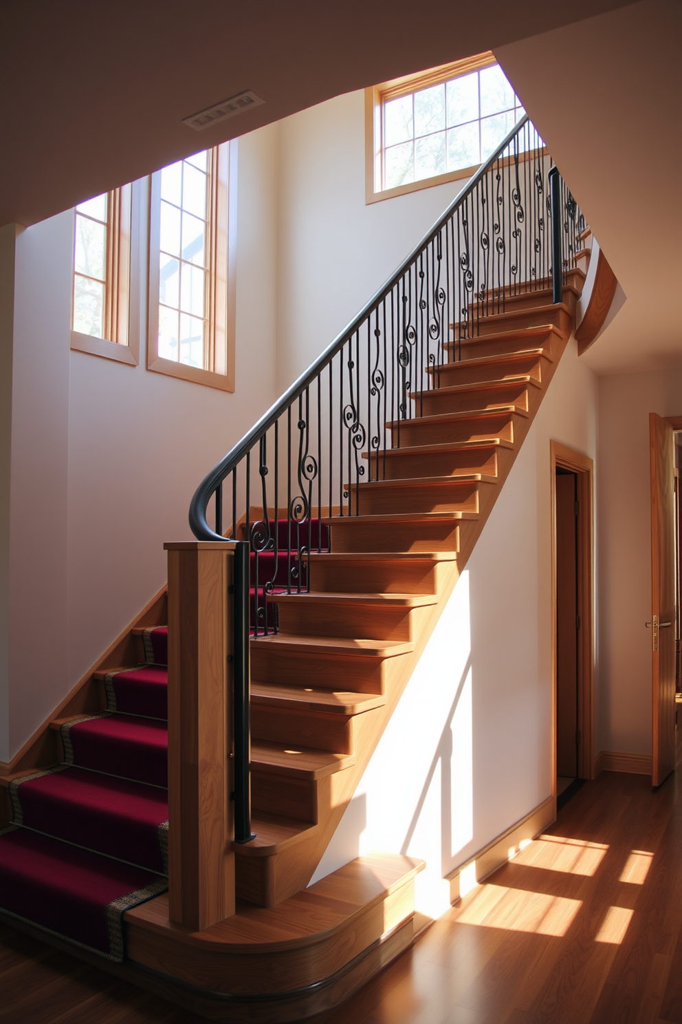 A stunning staircase features a sleek wooden structure complemented by a wrought iron handrail that adds a touch of elegance. The steps are adorned with a rich runner that contrasts beautifully with the natural wood tones, creating a warm and inviting atmosphere. Natural light floods the space through large windows, highlighting the intricate details of the staircase design. The surrounding walls are painted in a soft neutral hue, enhancing the overall modern aesthetic of the home.