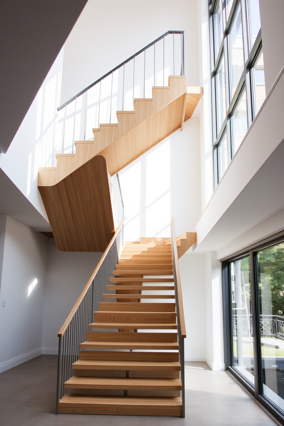 Asymmetrical staircase featuring a blend of geometric shapes and sleek lines. The staircase is crafted from a combination of light wood and metal, creating a striking visual contrast. Natural light floods the space through large windows adjacent to the staircase, highlighting its unique design. The surrounding walls are painted in a soft white, enhancing the modern aesthetic of the area.