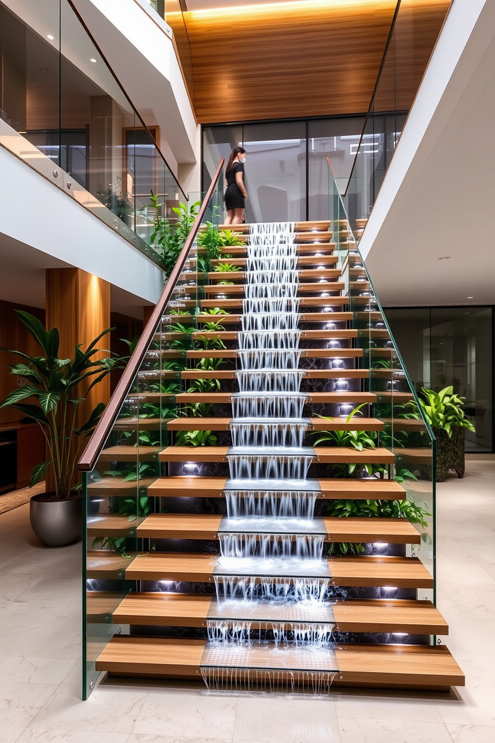 A stunning staircase design featuring a cascading waterfall that flows gracefully alongside the steps. The staircase is crafted from sleek glass and polished wood, creating a contemporary and airy feel in the space. The waterfall is illuminated with soft LED lights, enhancing the tranquil ambiance. Lush greenery is integrated into the design, bringing a touch of nature indoors and complementing the modern aesthetic.