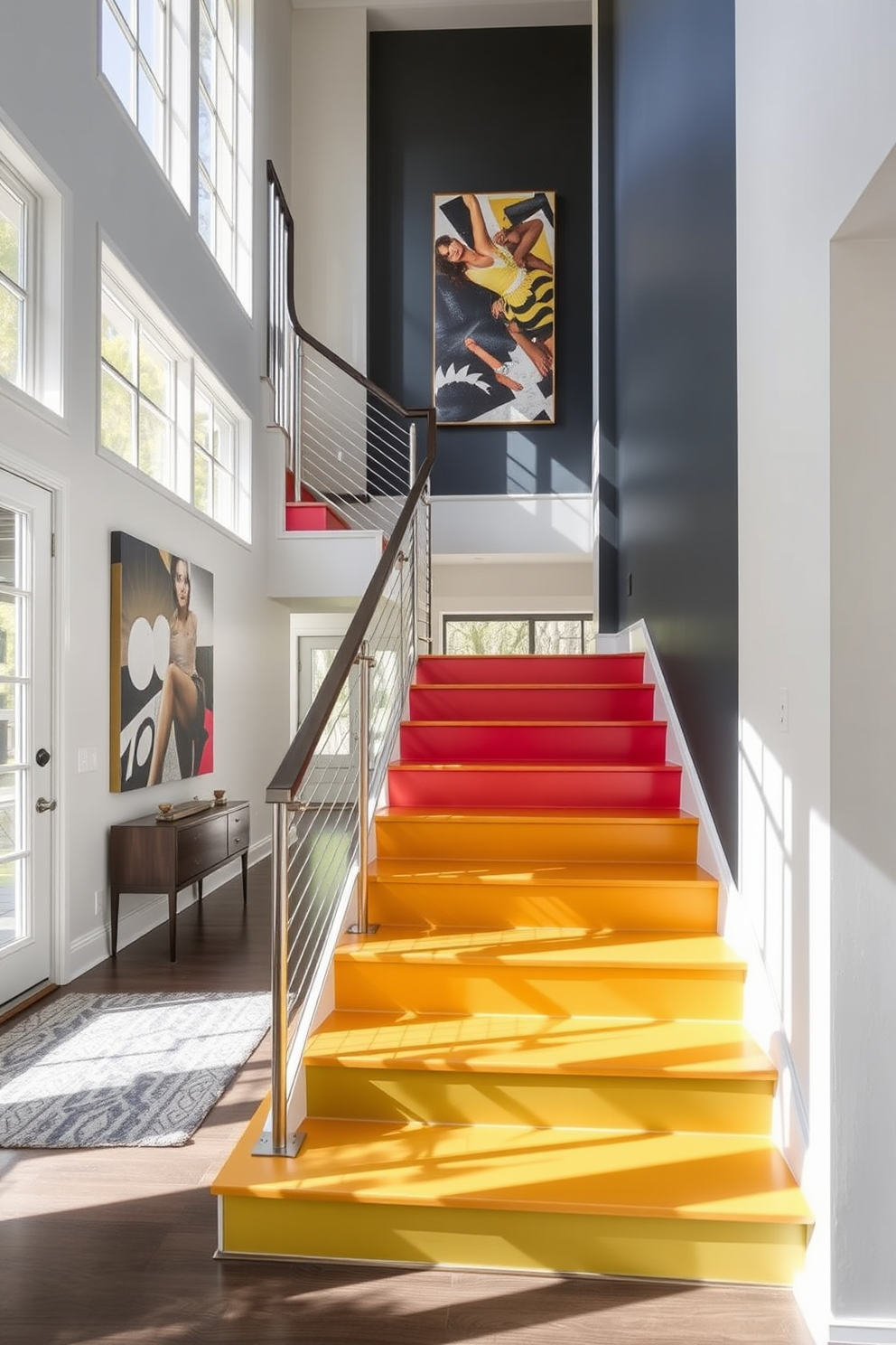 A stunning staircase with a unique railing design that incorporates intricate geometric patterns. The steps are made of dark hardwood, contrasting beautifully with the light-colored walls adorned with contemporary artwork.