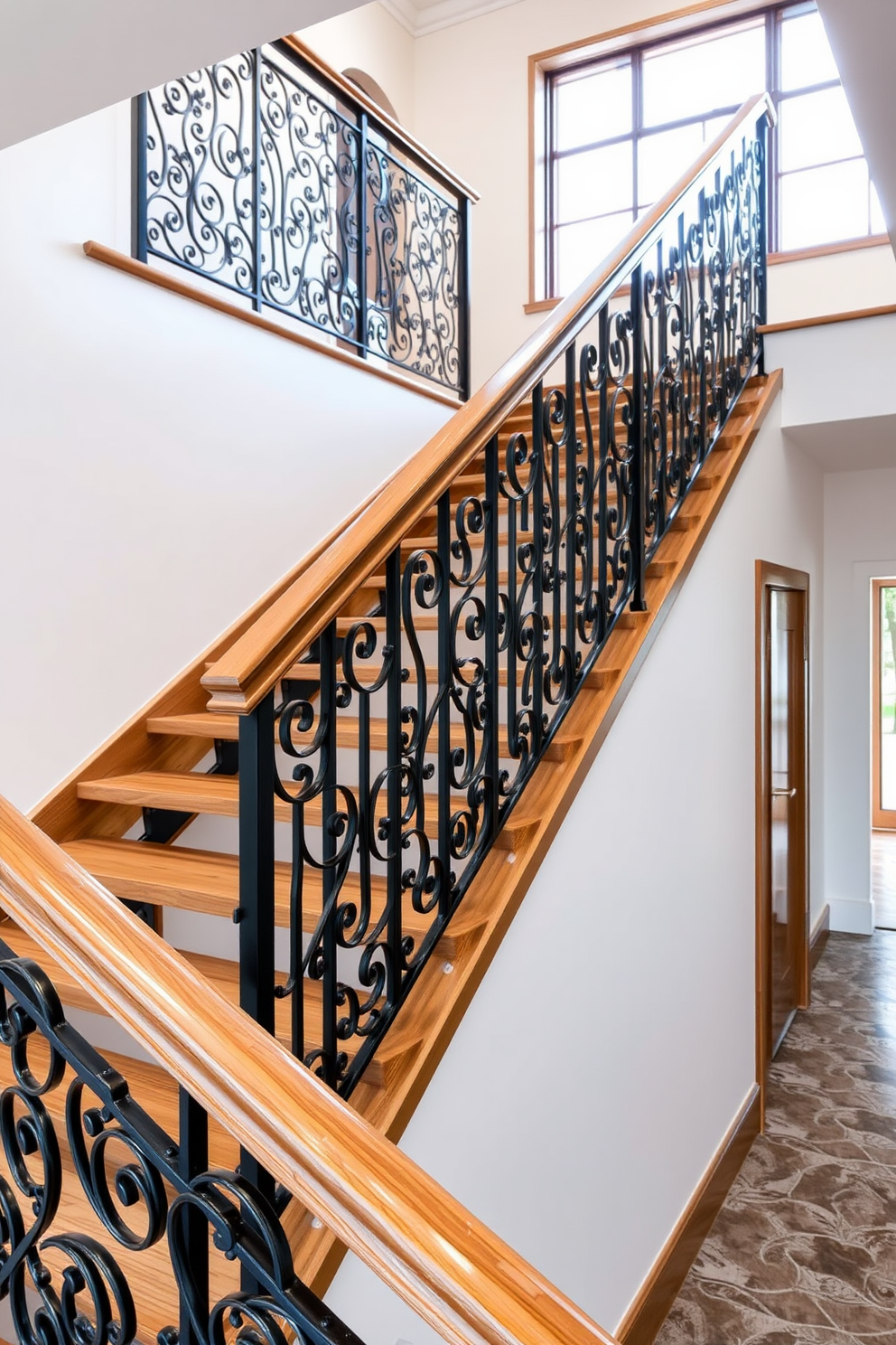 A stunning staircase with intricate metalwork details that adds a touch of elegance to the space. The staircase features a sleek wooden railing and a series of open risers that enhance the modern aesthetic.