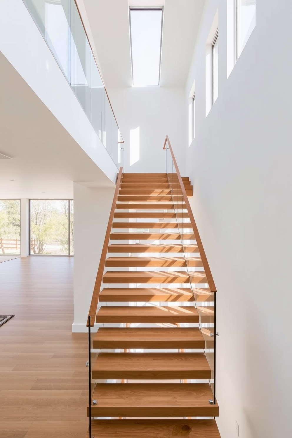 A minimalist staircase with an open concept design features sleek wooden steps that seamlessly connect multiple levels of the home. Large glass panels serve as railings, allowing for unobstructed views of the surrounding space and enhancing the sense of openness. Natural light floods the area through expansive windows, illuminating the staircase and highlighting its clean lines. The walls are painted in a soft white hue, creating a serene backdrop that emphasizes the simplicity and elegance of the design.