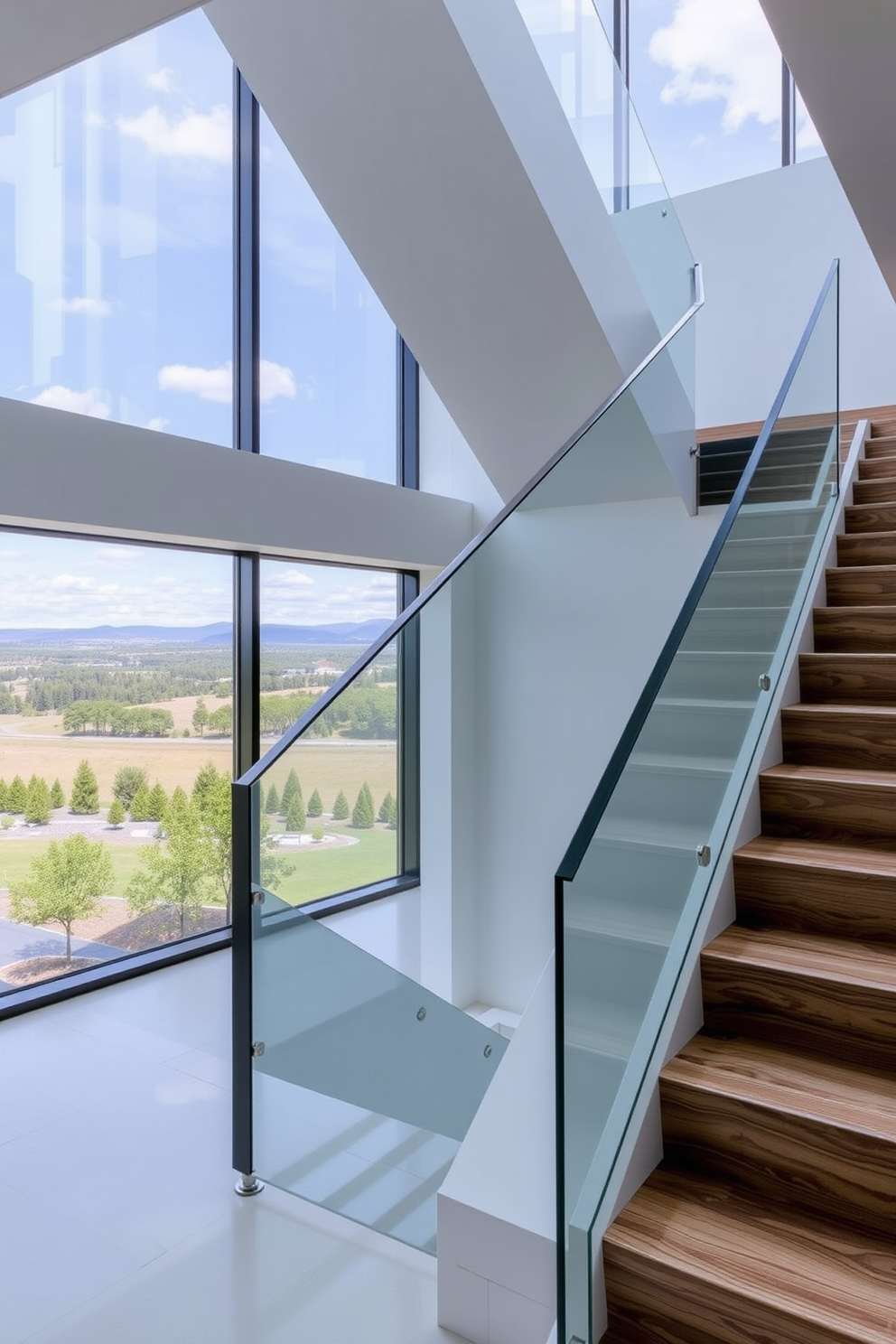 A modern staircase with sleek lines and a minimalist design. The staircase features open risers and a glass railing that allows for unobstructed views of the panoramic windows.