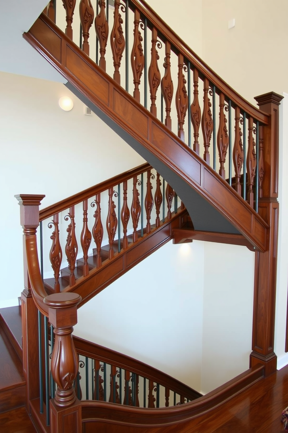 An elegant staircase features intricate wood carvings along the banister and posts, showcasing craftsmanship and attention to detail. The steps are finished in a rich mahogany stain, complementing the soft lighting that highlights the curves and angles of the design. Modern staircase design ideas incorporate sleek lines and minimalist aesthetics, using materials like glass and metal to create an airy feel. The staircase is open and inviting, with a floating design that enhances the sense of space in the entryway.