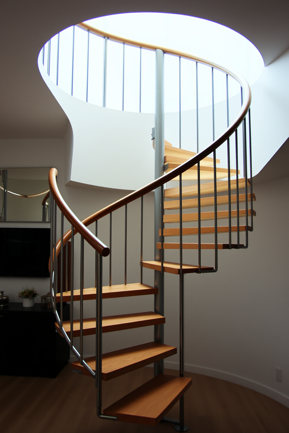 A spiral staircase with a sleek minimalist metal frame gracefully ascends to the upper floor. The staircase features open risers and is complemented by a polished wooden handrail, creating a striking focal point in the modern living space.