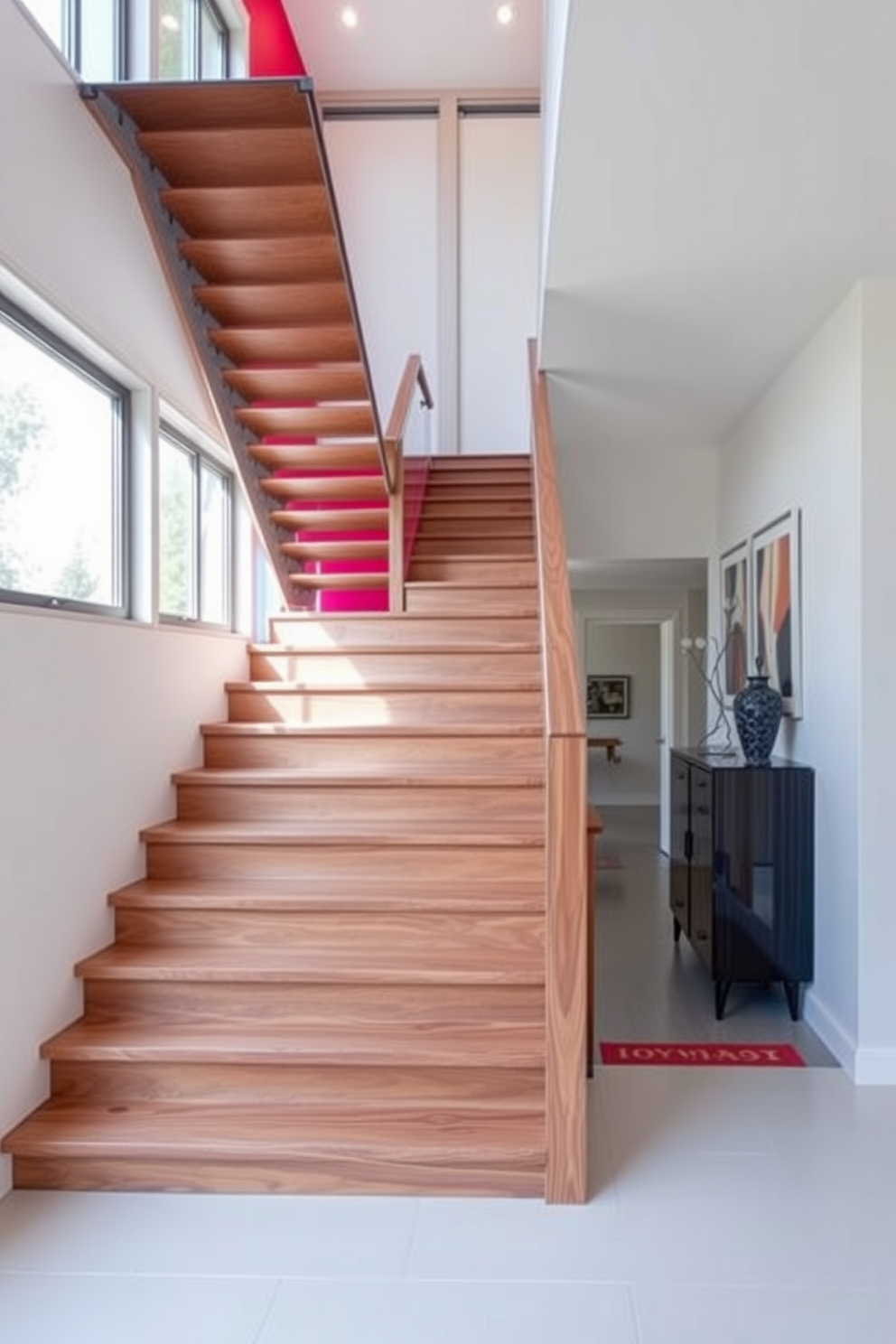 A stunning staircase with integrated artwork displays features sleek wooden steps that gracefully ascend. The walls are adorned with a curated selection of contemporary art pieces, perfectly lit by recessed lighting to highlight their colors and textures. The handrail is made of brushed stainless steel, providing a modern touch that complements the overall design. Below the staircase, a minimalist console table showcases additional decorative items, creating a cohesive and inviting entryway.