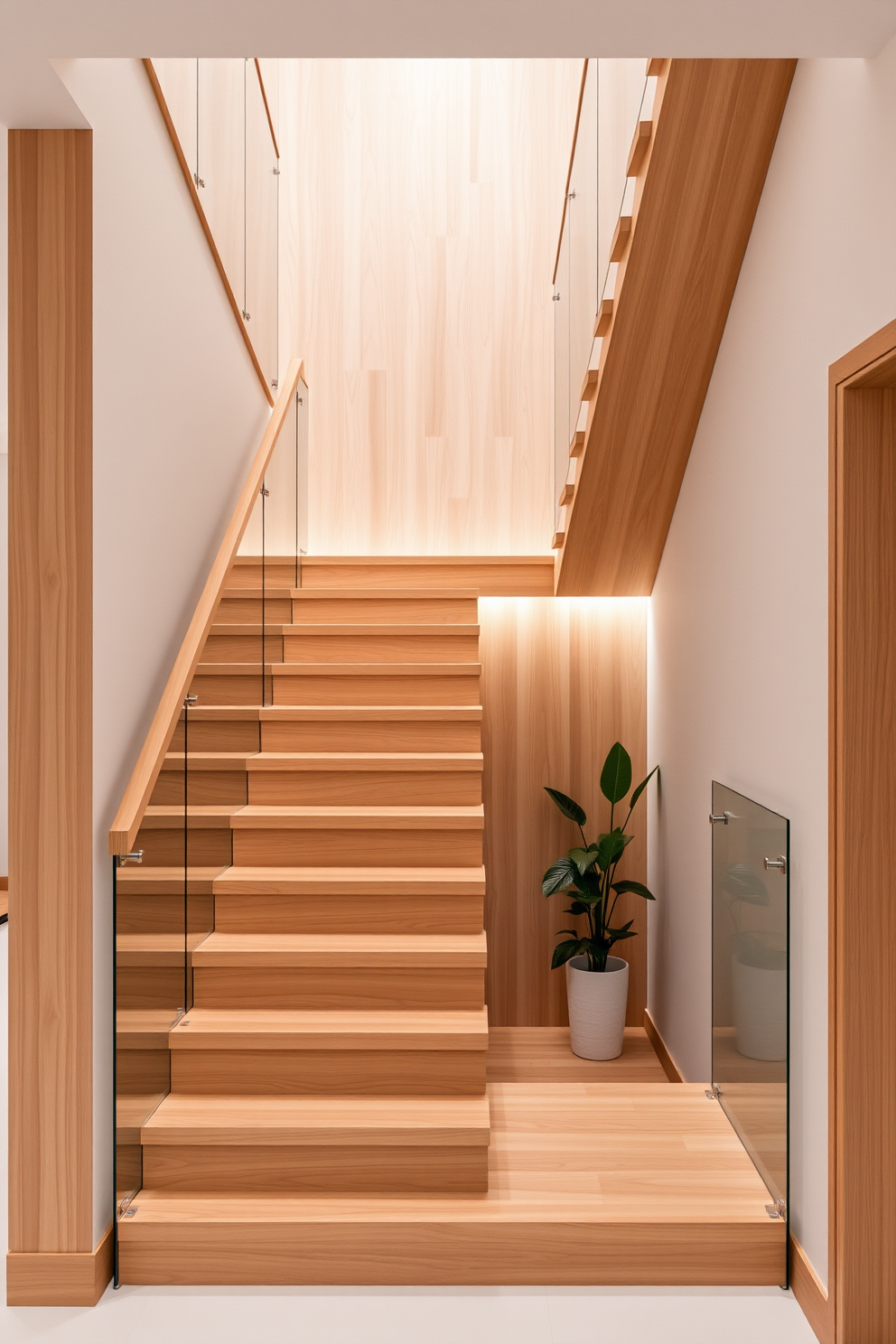 Open riser staircase with a natural wood finish showcasing clean lines and minimalistic design. The staircase is illuminated by soft ambient lighting that highlights the beauty of the wood grain. Surrounding the staircase are sleek glass railings that enhance the contemporary aesthetic while providing safety. Below the staircase, a small nook is adorned with a stylish plant for added greenery and warmth.