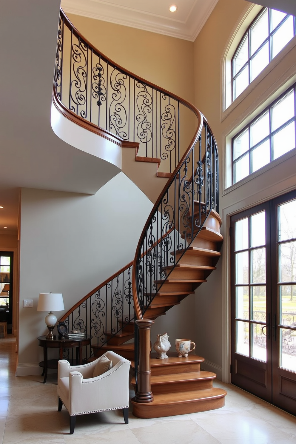 A stunning curved staircase gracefully ascends with an elegant balustrade crafted from wrought iron. The staircase features a polished wooden handrail that complements the soft neutral tones of the surrounding walls. Beneath the staircase, a chic seating area is adorned with plush cushions and a stylish side table. Large windows allow natural light to flood the space, highlighting the intricate details of the staircase design.