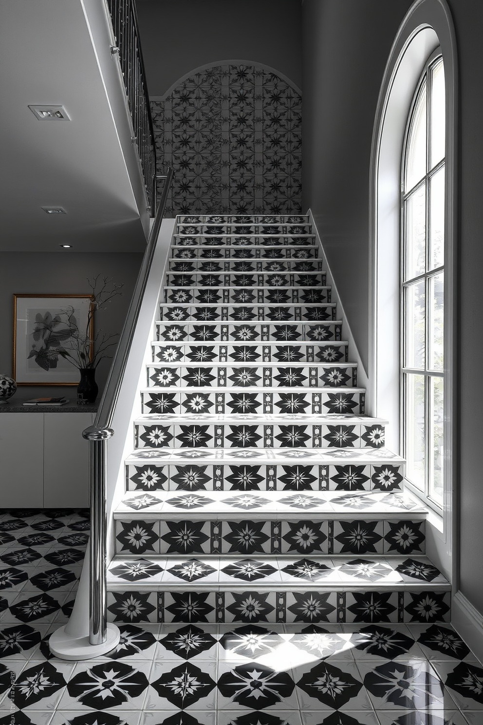 A stunning monochrome patterned tile staircase featuring intricate geometric designs that create a striking visual impact. The staircase is illuminated by natural light streaming through a large window, enhancing the elegance of the black and white color scheme. The sleek handrail is crafted from polished metal, providing a contemporary touch to the overall design. Surrounding the staircase, minimalist decor complements the bold tile pattern, creating a cohesive and inviting atmosphere.