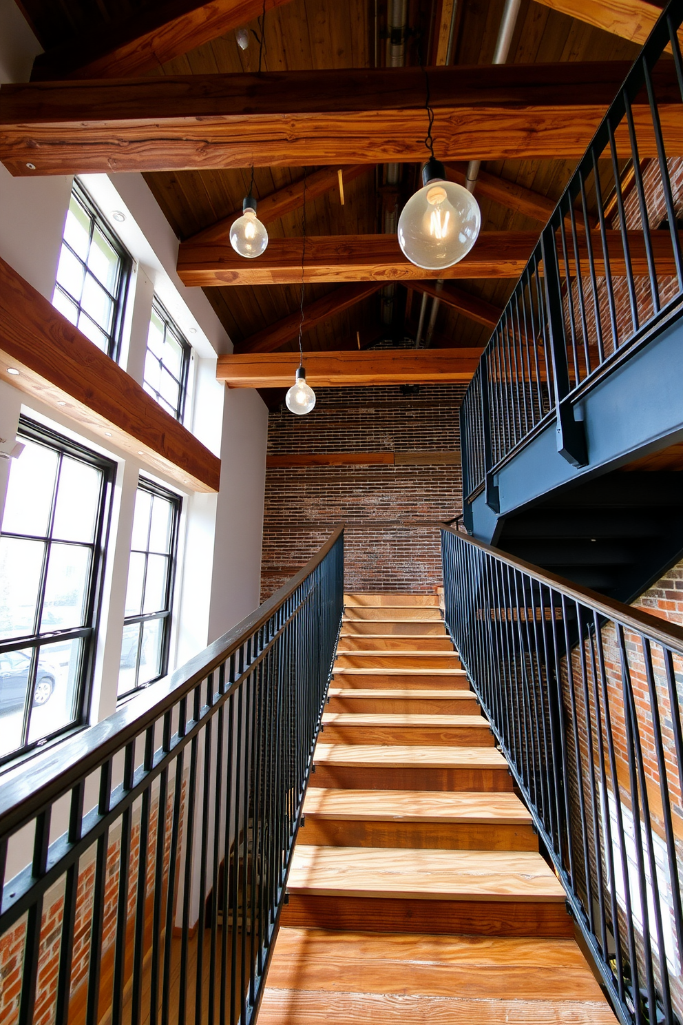 An industrial style staircase features exposed wooden beams and metal railings that create a striking contrast. The steps are made of reclaimed wood, adding warmth to the raw aesthetic of the space. The staircase is illuminated by pendant lights hanging from the ceiling, casting a soft glow on the surrounding walls. Large windows beside the staircase allow natural light to flood the area, enhancing the industrial charm.