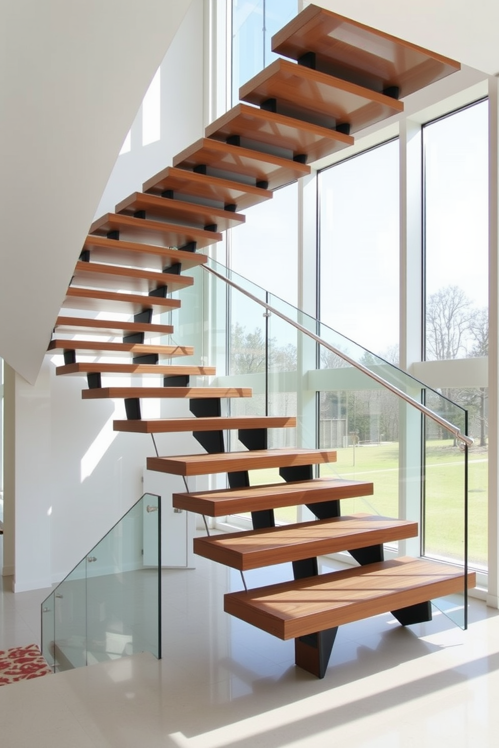 A cantilevered staircase with sleek lines gracefully ascends, showcasing a minimalist aesthetic. The treads appear to float, supported by hidden brackets that enhance the airy feel of the space. The staircase is adorned with a glass railing that complements the contemporary design. Natural light filters through large windows, illuminating the elegant curves and finishes of the staircase.