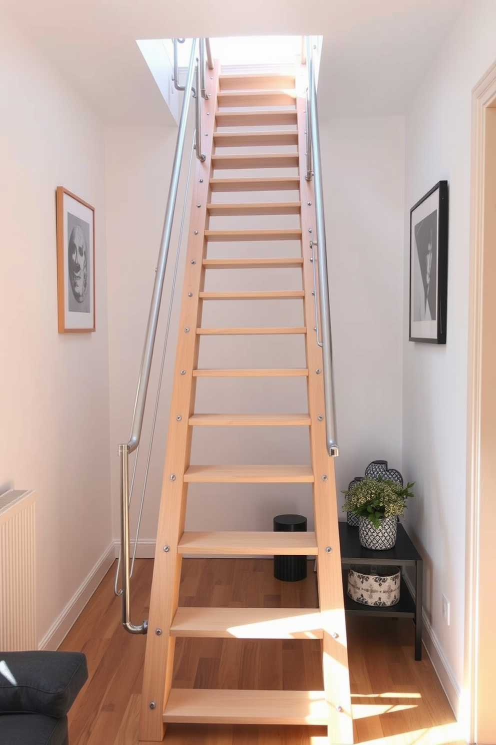 A ladder-style staircase elegantly ascends in a compact living area. Crafted from light-colored wood, the steps are open and airy, allowing natural light to flow through the space. The staircase features sleek metal railings that complement the minimalist aesthetic. Surrounding the staircase, the walls are adorned with subtle artwork, enhancing the overall design without overwhelming the small area.