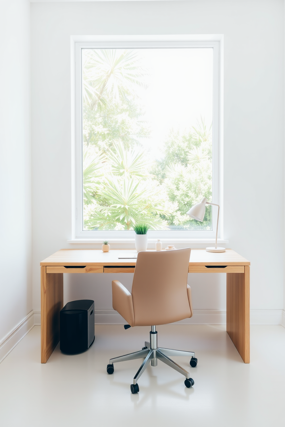 A minimalist desk is positioned in front of a large window that allows abundant natural light to fill the space. The desk features clean lines and a light wood finish, complemented by a comfortable ergonomic chair in a neutral color. The walls are painted in a soft white hue, creating a serene backdrop for the room. A few carefully selected decorative items are placed on the desk, including a small potted plant and a sleek desk lamp, enhancing the overall aesthetic without cluttering the space.