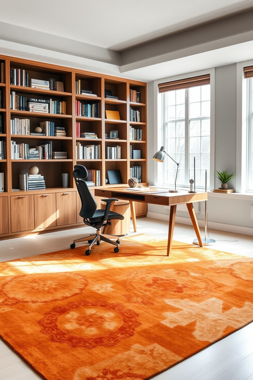 A modern study room featuring a large statement rug that adds a pop of color to the space. The room has a sleek wooden desk positioned against a wall of built-in bookshelves filled with neatly arranged books and decorative items. A comfortable ergonomic chair is placed at the desk, complemented by a stylish floor lamp that provides ample light for reading and working. Large windows allow natural light to flood the room, enhancing the warm tones of the wooden furniture and the vibrant hues of the rug.