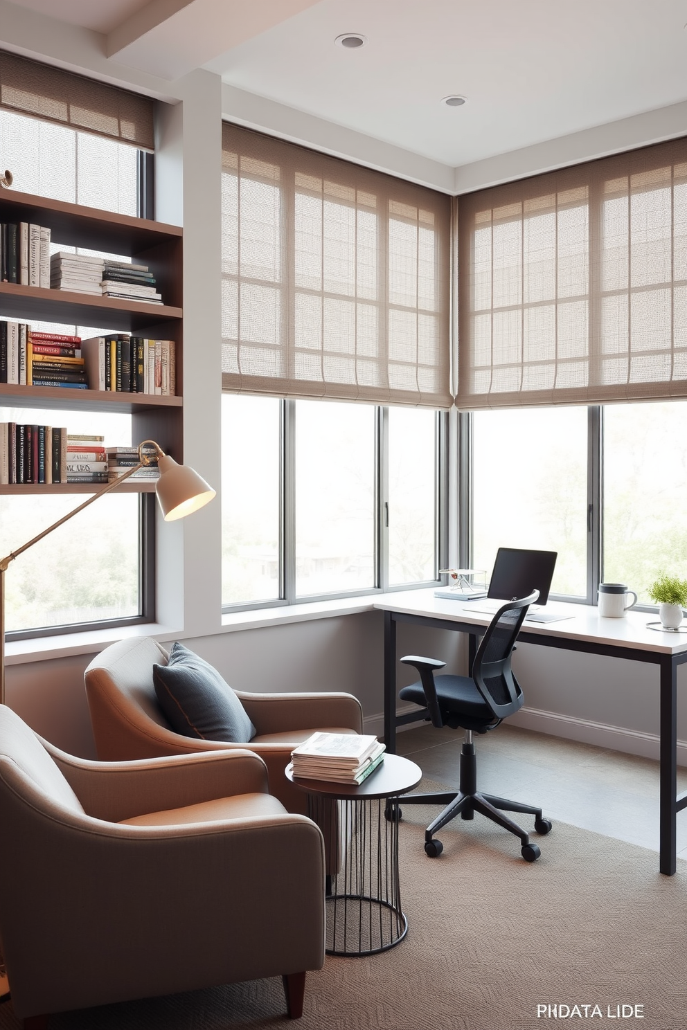 Create a cozy reading nook with a plush armchair upholstered in soft fabric. A small side table holds a steaming cup of tea and a stack of books, while a floor lamp casts warm light over the space. Modern study room design ideas feature a sleek desk with a minimalist design and a comfortable ergonomic chair. Large windows allow natural light to flood the room, illuminating the organized shelves filled with books and decorative items.