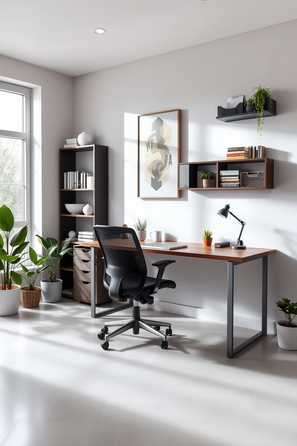 A modern study room featuring wall-mounted organizers for efficient storage and organization. The space is illuminated by natural light streaming through large windows, creating a bright and inviting atmosphere. The desk is sleek and minimalist, positioned against a feature wall adorned with inspiring artwork. A comfortable ergonomic chair complements the contemporary design, while potted plants add a touch of greenery to the environment.