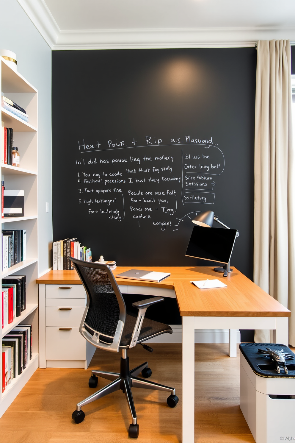 A modern study room features a chalkboard wall that adds a creative touch and serves as a space for notes and brainstorming. The room is furnished with a sleek wooden desk and an ergonomic chair, complemented by stylish shelving filled with books and decorative items.