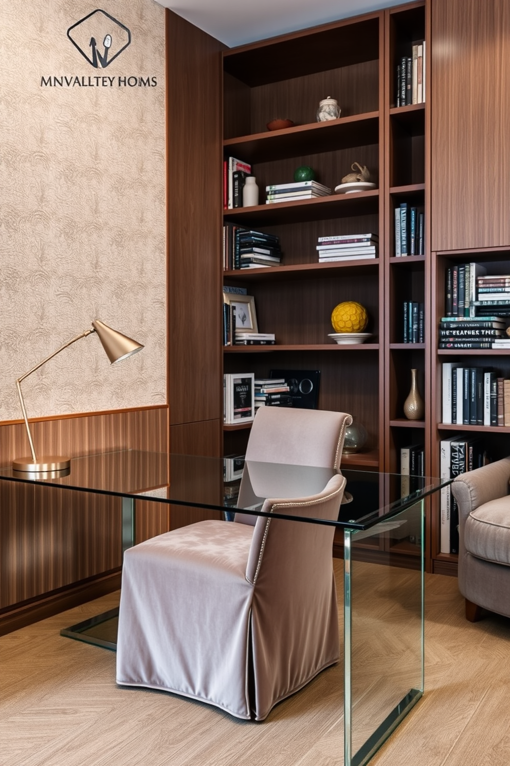 A modern study room featuring a sleek glass desk paired with a plush velvet chair. The walls are adorned with a combination of textured wallpaper and wooden panels, creating a warm and inviting atmosphere. A large bookshelf filled with an eclectic mix of books and decorative items stands against one wall. A cozy reading nook with a soft armchair and a floor lamp adds a touch of comfort and style to the space.