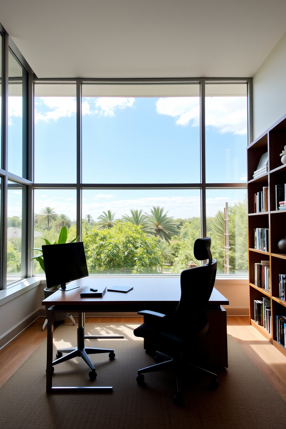 A modern study room with large windows that allow ample natural light to fill the space. The room features a sleek wooden desk paired with a comfortable ergonomic chair, surrounded by stylish bookshelves filled with books and decorative items.