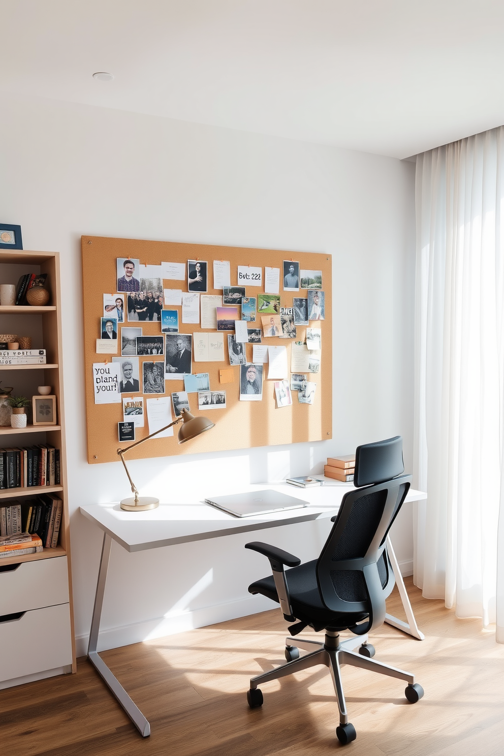 A modern study room featuring a large pinboard mounted on the wall, filled with various inspirational images and notes. The desk is sleek and minimalist, with a comfortable ergonomic chair and a stylish desk lamp providing ample lighting. Natural light floods the room through a large window adorned with sheer curtains, enhancing the bright and airy atmosphere. Shelves filled with books and decorative items line one side of the room, adding both functionality and personality to the space.