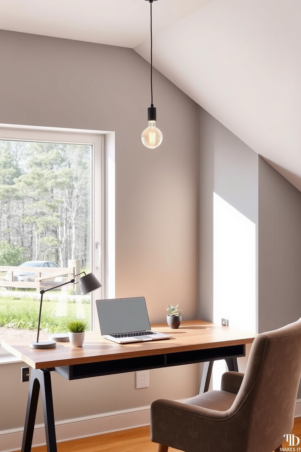 A modern study room featuring a sleek wooden desk positioned against a large window that allows natural light to flood the space. On the desk, a minimalist laptop sits alongside a stylish desk lamp and a small potted plant for a touch of greenery. Above the desk, a contemporary pendant light hangs, providing warm illumination that enhances the room's inviting atmosphere. The walls are painted in a soft gray tone, and a cozy armchair is placed in the corner, creating a perfect reading nook.