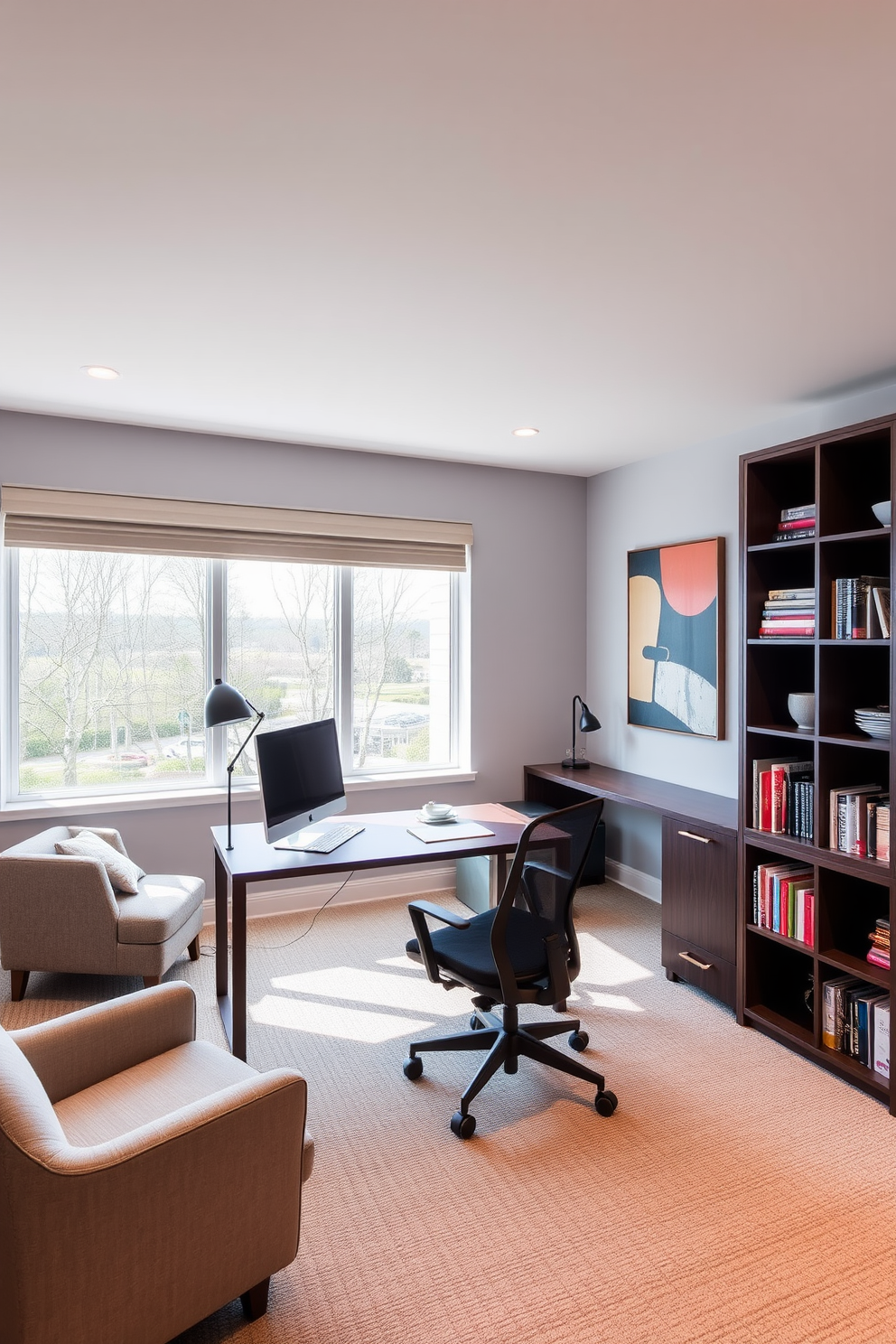 A modern study room featuring a sleek desk with a built-in bookshelf on one side. Large windows allow natural light to flood the space, complemented by a comfortable ergonomic chair and minimalistic decor. The walls are painted in a calming light gray, with a pop of color from an abstract art piece. A cozy reading nook with a plush armchair and a small side table is tucked into one corner, creating an inviting atmosphere.