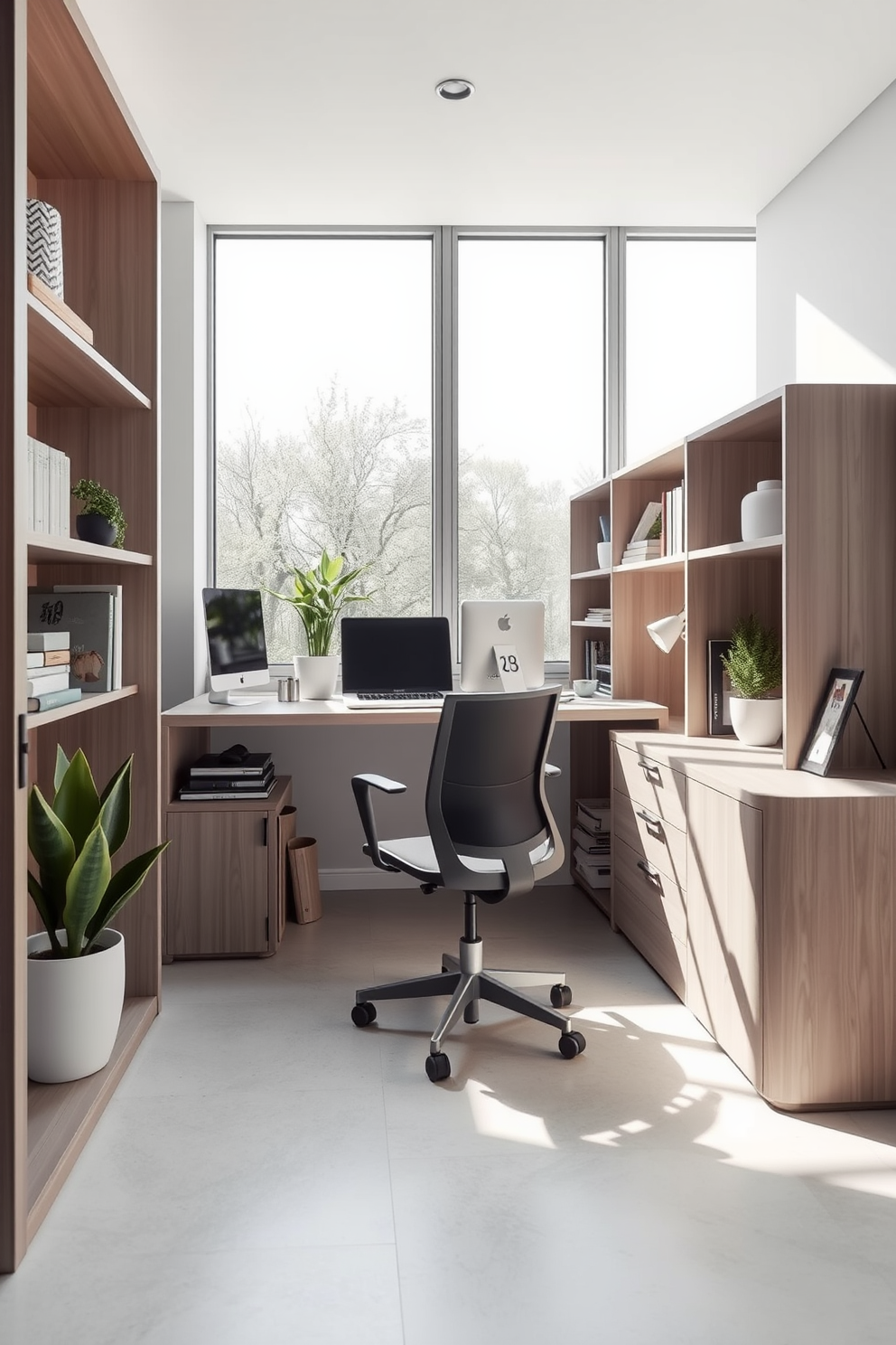 A sleek modular furniture arrangement enhances space optimization in a modern study room. The design features a minimalist desk with integrated storage, complemented by a comfortable ergonomic chair and adjustable shelving units. Natural light floods the room through large windows, accentuating the clean lines and contemporary color palette. Potted plants and personalized decor elements add a touch of warmth and creativity to the workspace.