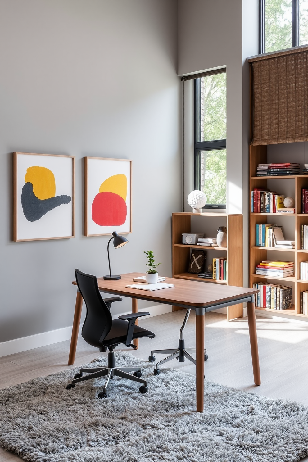 A modern study room featuring a sleek wooden desk positioned against a large window that allows natural light to flood the space. The walls are painted in a soft gray, adorned with bold abstract artwork that adds personality and vibrancy to the room. A comfortable ergonomic chair complements the desk, while a stylish bookshelf filled with colorful books and decorative items adds character. A plush area rug anchors the space, and a small potted plant sits on the desk, bringing a touch of nature indoors.