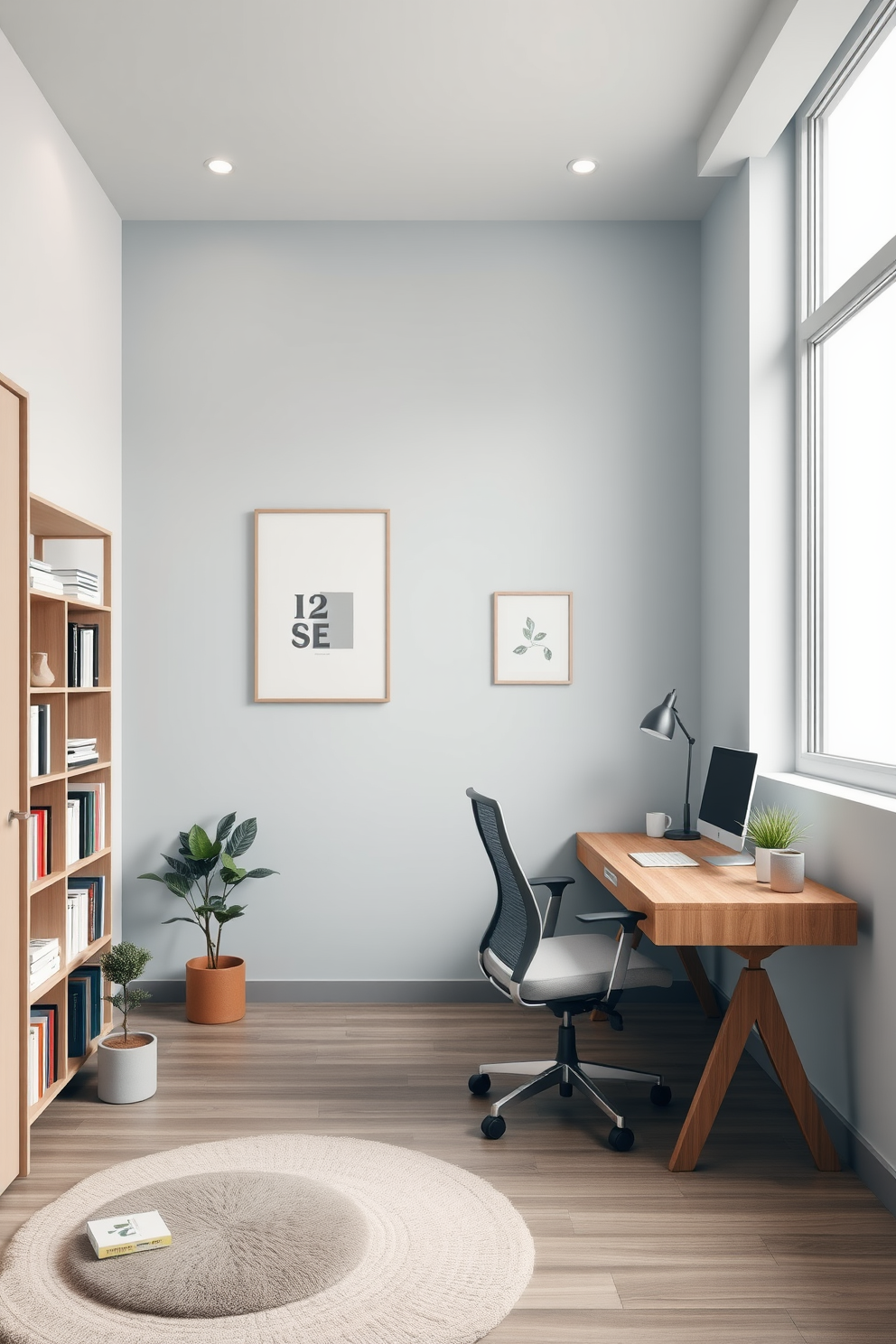 A modern study room with a calming color palette of soft blues and warm grays. The walls are adorned with minimalist art pieces, and a sleek wooden desk is positioned near a large window for natural light. A comfortable ergonomic chair complements the desk, and a stylish bookshelf filled with neatly organized books lines one wall. A cozy area rug adds texture to the space, while a small potted plant brings a touch of greenery.