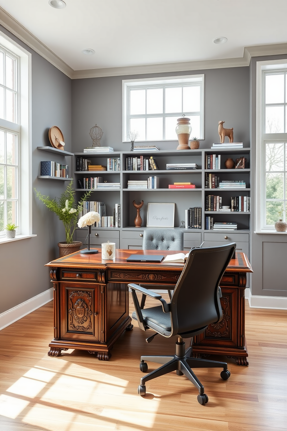 Create a modern study room featuring a vintage desk that adds character to the space. The desk is made of rich wood with intricate carvings and is complemented by a sleek ergonomic chair, creating a blend of classic and contemporary styles. The walls are painted in a soft gray hue, enhancing the room's brightness, while large windows allow natural light to flood in. Shelves filled with books and decorative items line the walls, providing both functionality and aesthetic appeal.