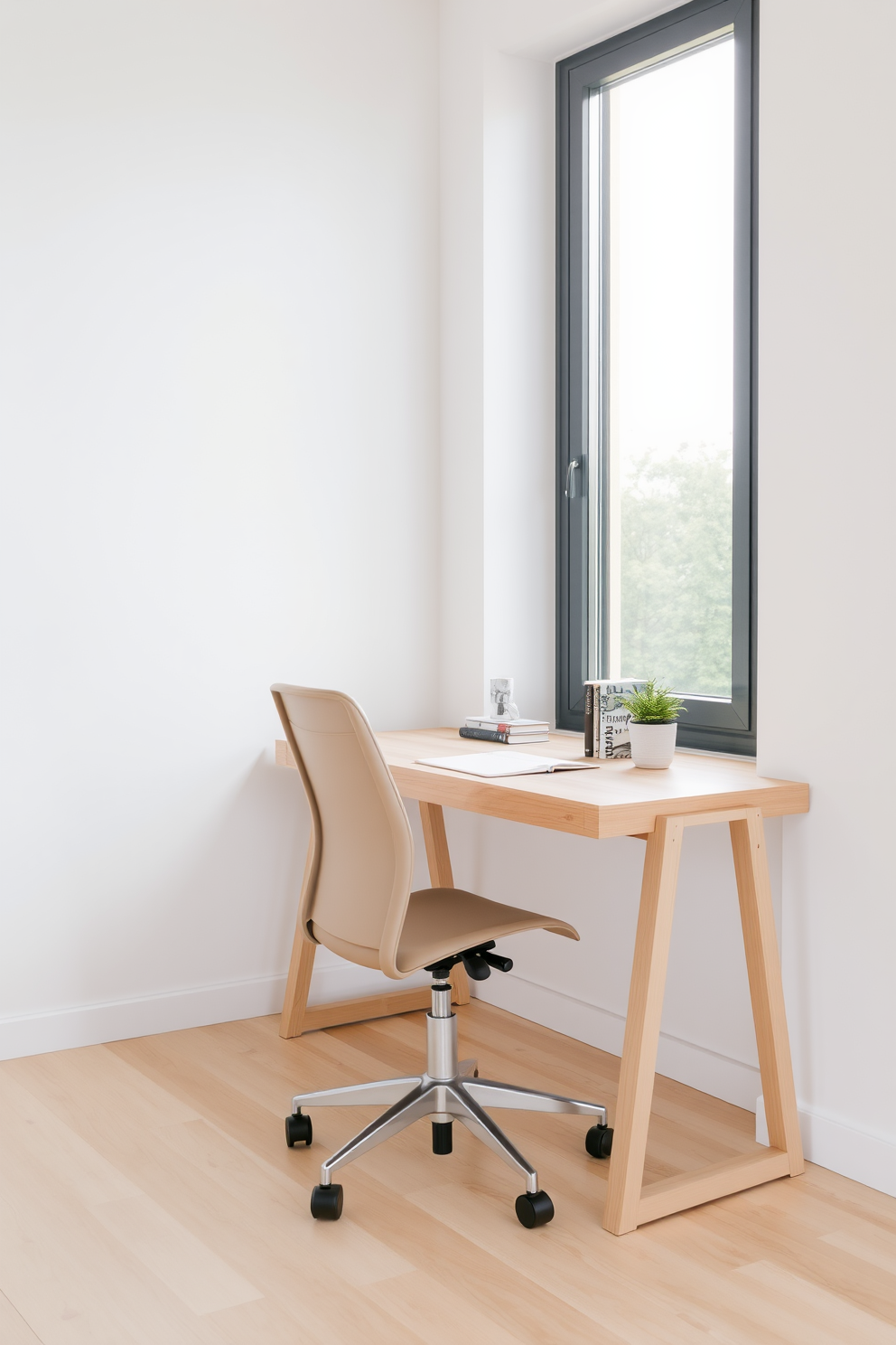 A serene study room with a clean, uncluttered desk made of light wood. A sleek ergonomic chair in a neutral color complements the desk, while a large window allows natural light to flood the space. The walls are painted in a soft white hue, enhancing the room's brightness. A few carefully selected books and a small potted plant are the only decorations on the desk, maintaining the minimalist aesthetic.