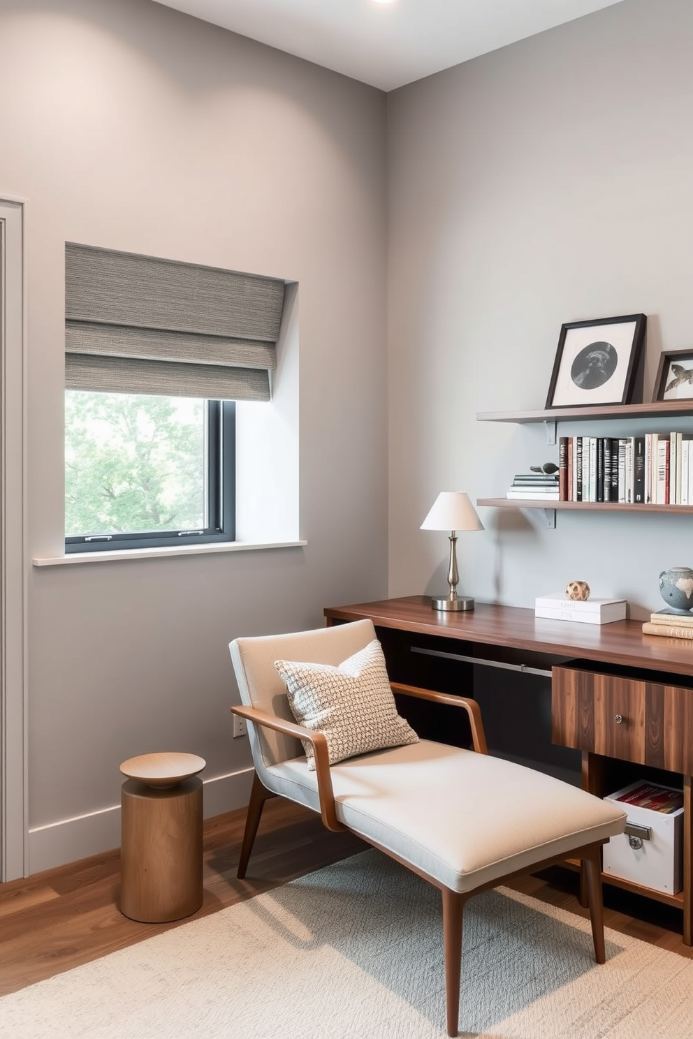 A modern study room featuring a comfortable lounge chair in a cozy corner. The walls are painted in a soft gray, complemented by a sleek wooden desk and a stylish bookshelf filled with books and decorative items.