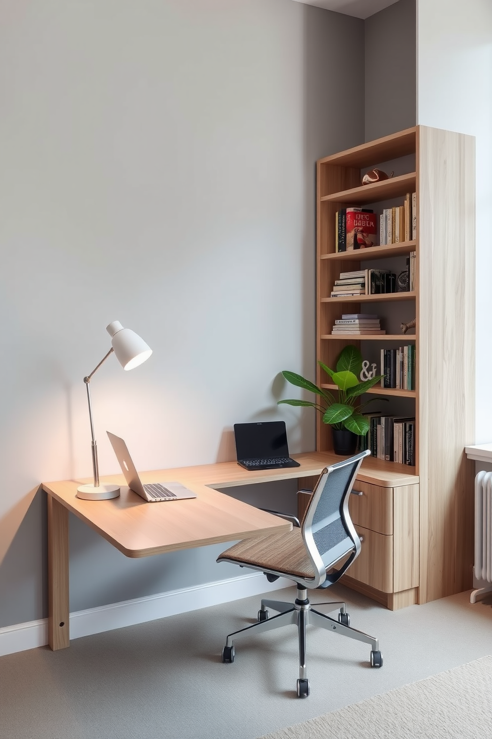 A modern study room featuring a sleek corner desk made of light wood with a minimalist design. The desk is equipped with a comfortable ergonomic chair, and a stylish lamp sits on the surface, providing ample lighting for work. The walls are painted in a soft gray color, creating a calming atmosphere. A large bookshelf filled with books and decorative items is positioned beside the desk, while a vibrant indoor plant adds a touch of greenery to the space.