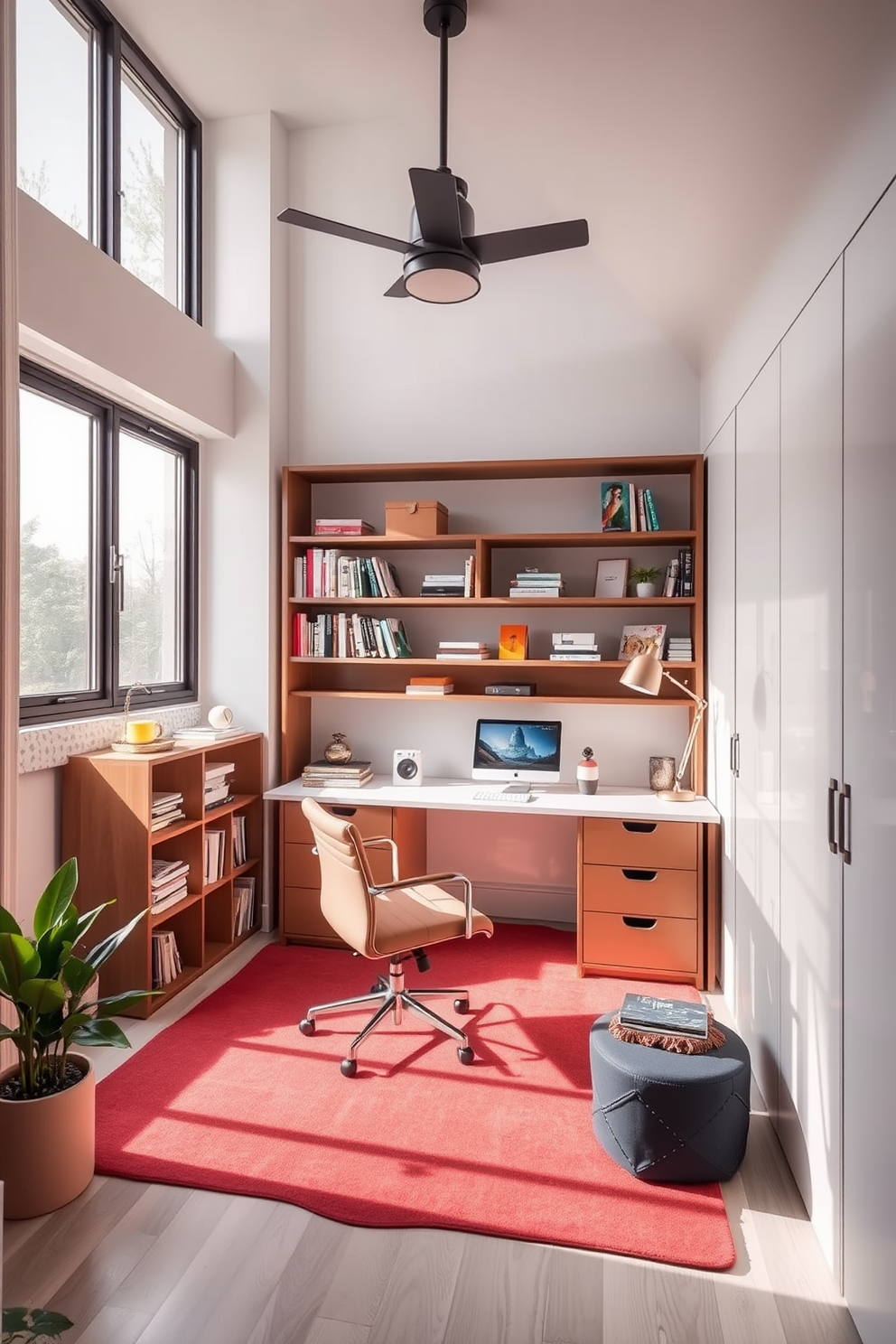 A modern study room featuring multifunctional furniture pieces that maximize space and functionality. The room includes a sleek desk that doubles as a bookshelf, with a comfortable chair that can be easily stored away when not in use. The color palette consists of soft neutrals complemented by vibrant accents, creating an inviting atmosphere. Large windows allow natural light to flood the space, enhancing productivity and creativity.