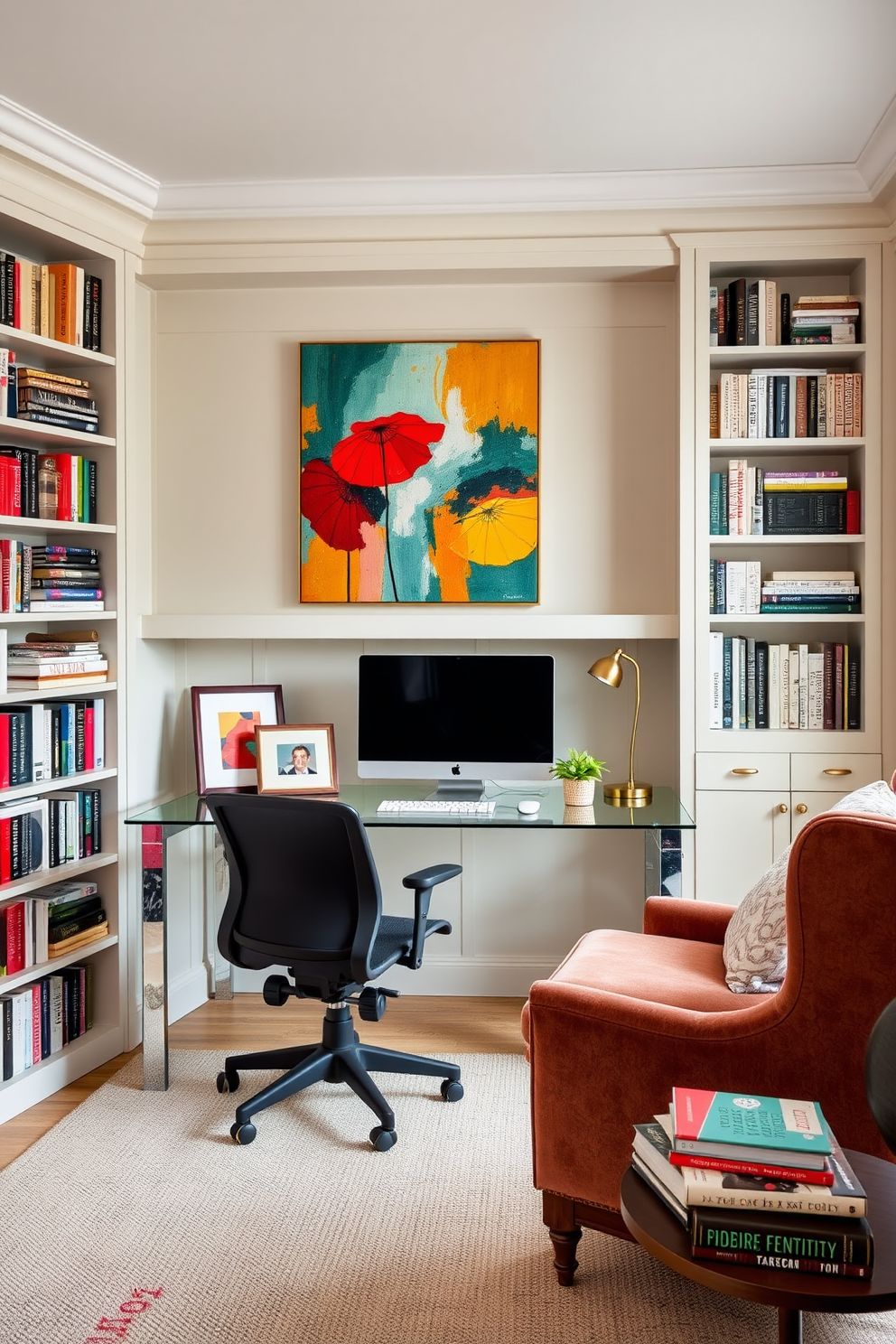 A modern study room featuring a sleek glass desk positioned against a wall of built-in bookshelves filled with an eclectic mix of books and decorative items. A comfortable ergonomic chair is placed at the desk, while a vibrant abstract painting hangs above it, adding a pop of color to the space. Personal touches include a framed family photo on the desk and a small potted plant beside the computer monitor, bringing life to the workspace. A cozy reading nook is created in the corner with a plush armchair and a side table, adorned with a vintage lamp and a stack of favorite novels.