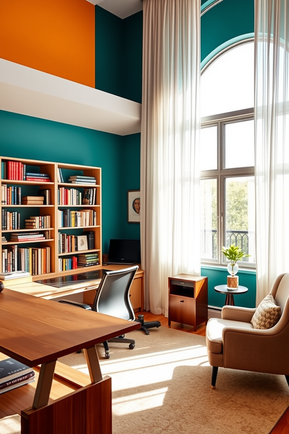 A modern study room with vibrant accent walls painted in a deep teal color. The room features a sleek wooden desk with a comfortable ergonomic chair and a large bookshelf filled with colorful books and decorative items. Natural light floods the space through a large window adorned with sheer white curtains. A cozy reading nook with a plush armchair and a small side table is positioned in the corner, creating an inviting atmosphere.