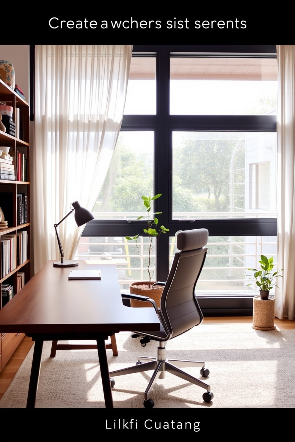 Create a serene atmosphere with scents in a modern study room. The room features a sleek wooden desk with a minimalist design, paired with an ergonomic chair in soft gray upholstery. Natural light pours in through large windows adorned with sheer white curtains. A stylish bookshelf filled with curated books and decorative items lines one wall, while a small indoor plant adds a touch of greenery to the space.