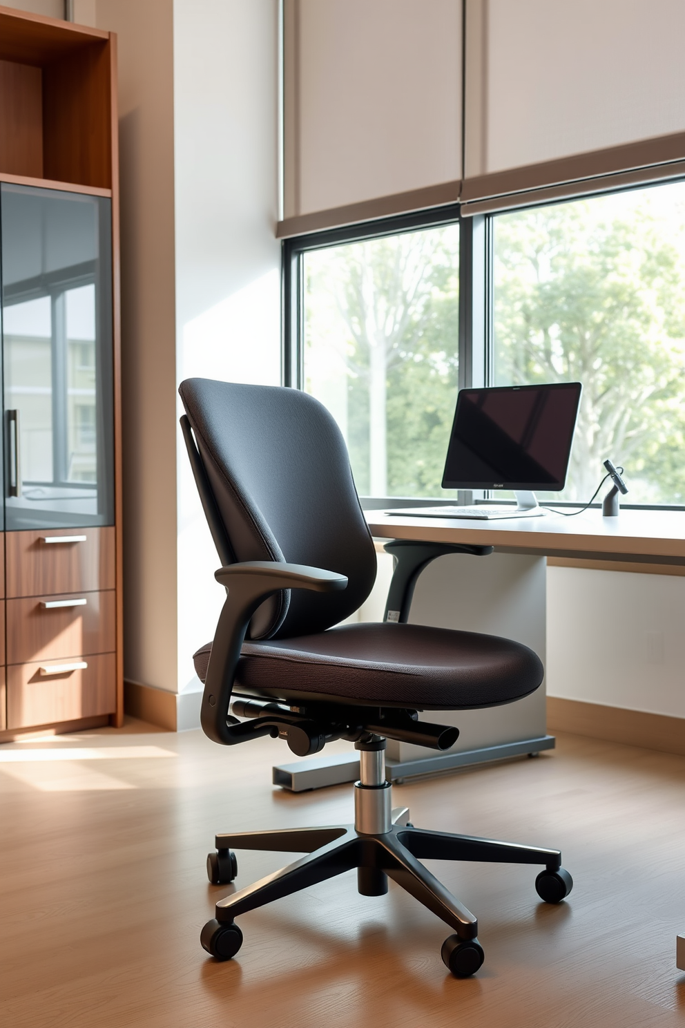 A modern study room features an ergonomic chair designed for comfort and support, upholstered in a soft fabric with adjustable height and lumbar support. The desk is sleek and minimalist, positioned near a large window that allows natural light to illuminate the space.