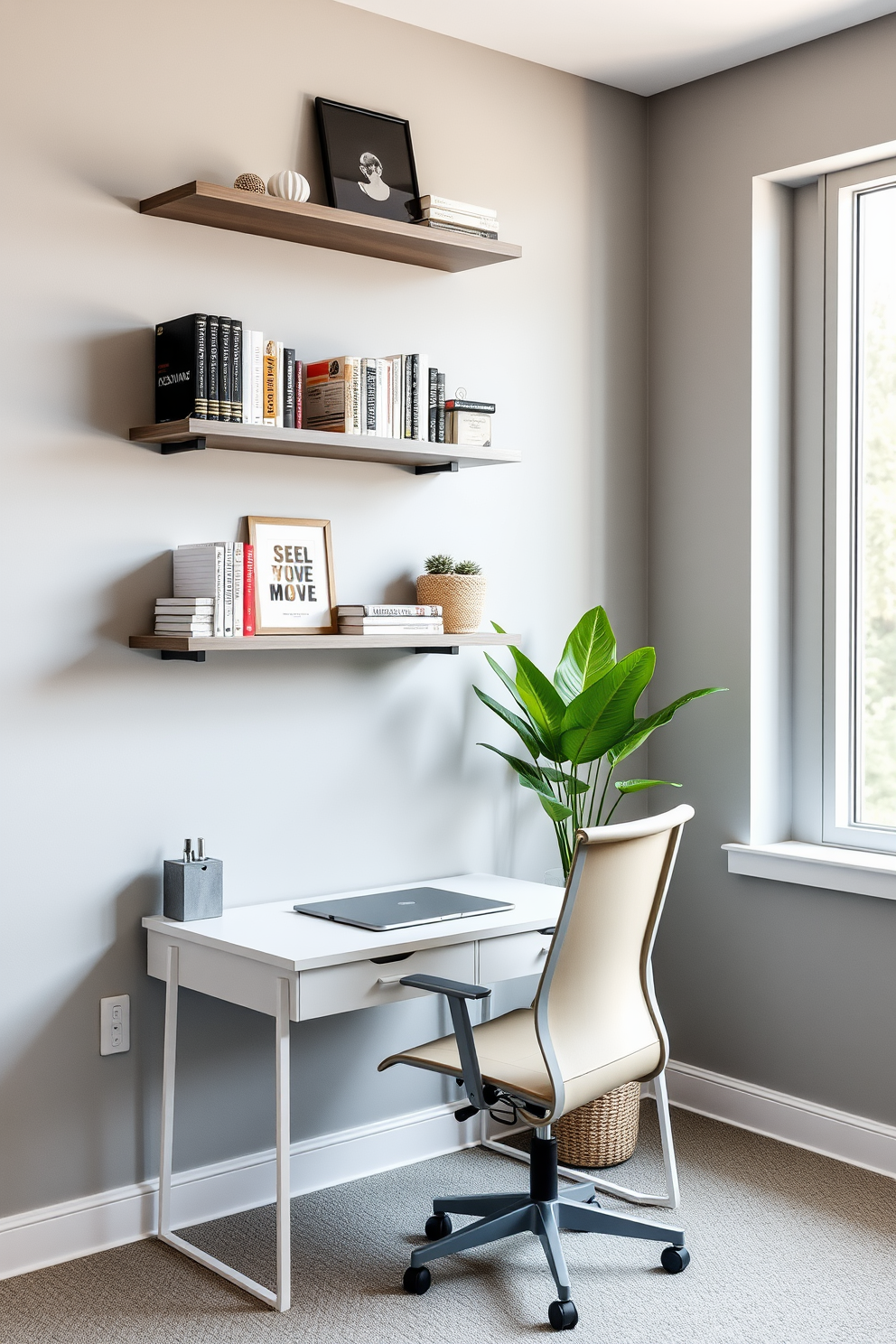 Floating shelves are mounted on the wall, showcasing an array of books and decorative items. A sleek desk with a minimalist design sits beneath the shelves, accompanied by a comfortable ergonomic chair. The walls are painted in a soft gray, creating a calm and inviting atmosphere. A large window allows natural light to flood the room, illuminating a vibrant indoor plant placed in the corner.