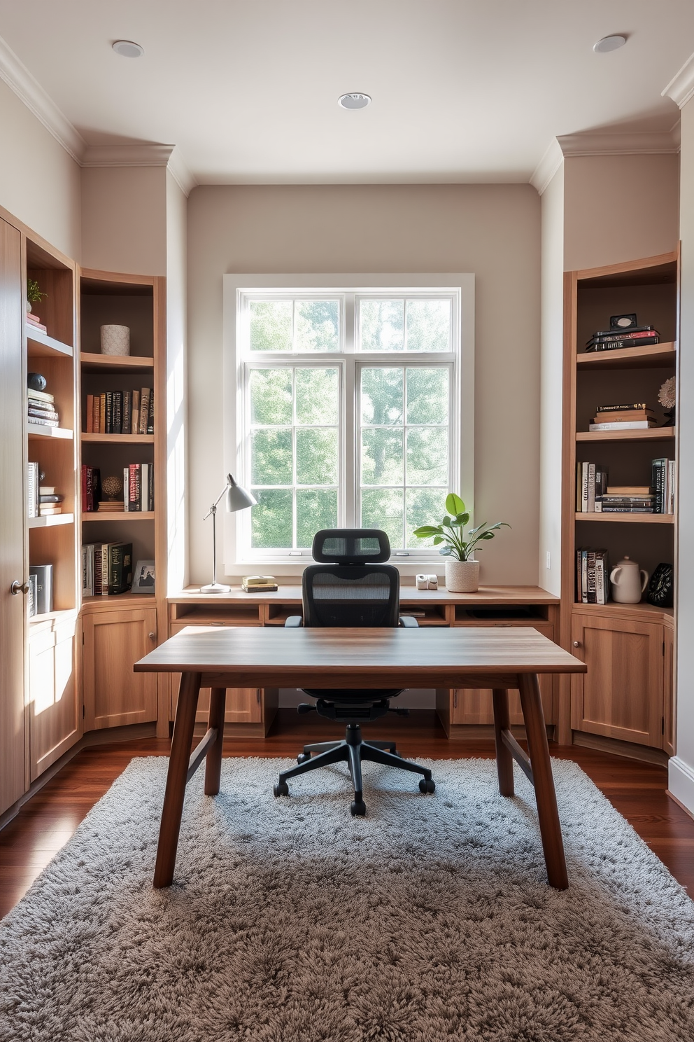 A modern study room with a large wooden desk positioned in front of a window that allows natural light to flood the space. The walls are painted in soft beige, complemented by a plush area rug in muted gray tones. A comfortable ergonomic chair is placed at the desk, surrounded by built-in shelves filled with books and decorative items. A subtle green plant adds a touch of nature to the room, enhancing the calming atmosphere.