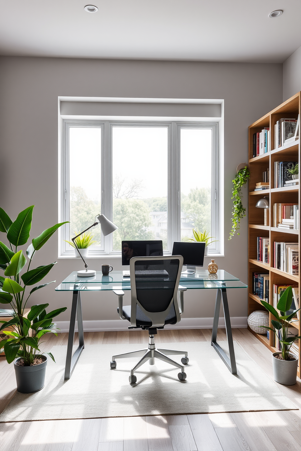 A modern study room featuring a sleek glass desk positioned against a large window that allows natural light to flood the space. The walls are painted in a soft gray tone, complemented by a stylish bookshelf filled with books and decorative items. A comfortable ergonomic chair is placed at the desk, and a minimalist desk lamp provides focused lighting. Potted plants are strategically placed around the room, adding a refreshing touch of greenery and enhancing the overall ambiance.