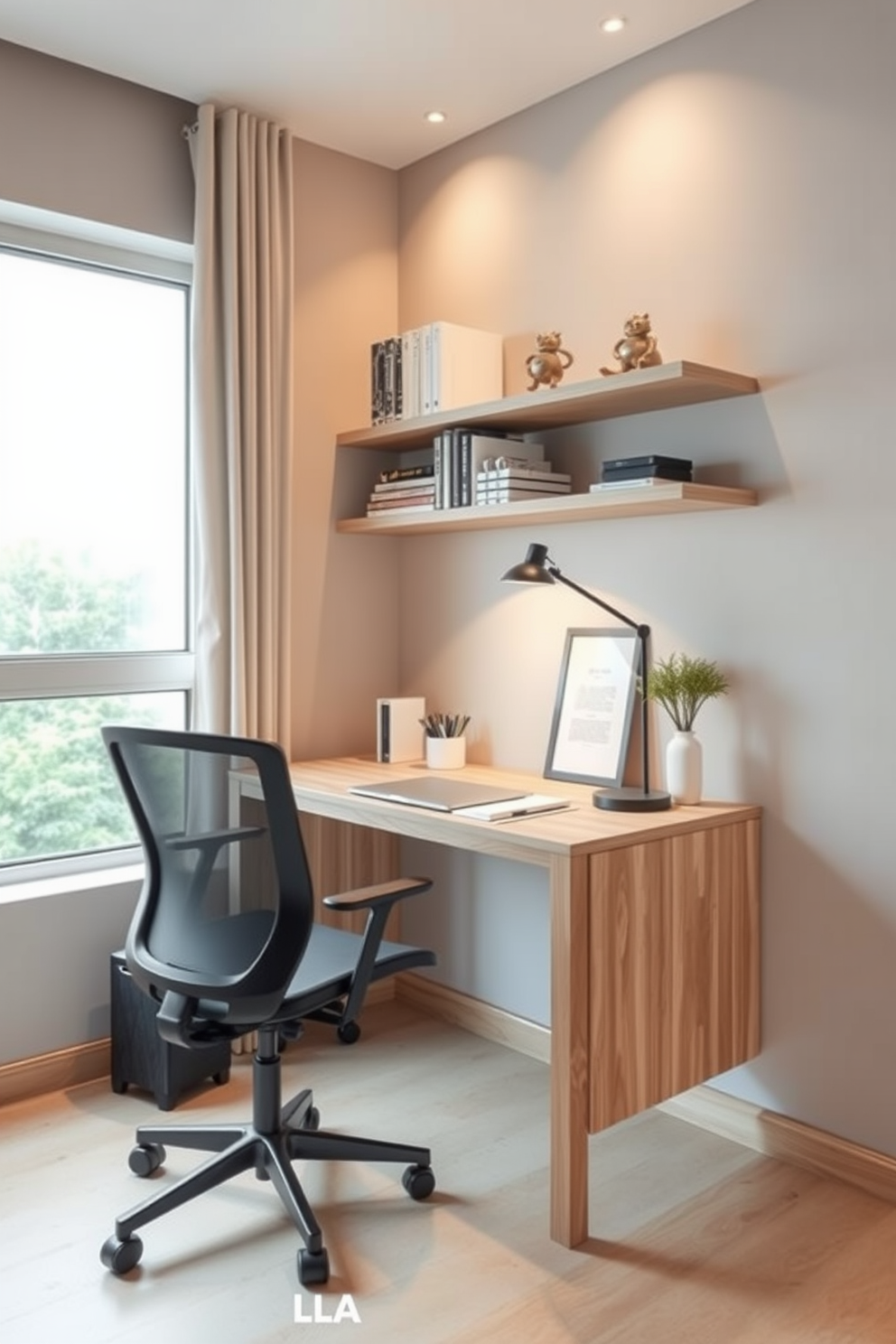 A compact desk is positioned against a wall in a modern study room designed for small spaces. The desk features clean lines and a light wood finish, complemented by a stylish ergonomic chair that enhances comfort and productivity. Above the desk, floating shelves display books and decorative items, adding personality to the space. Soft, ambient lighting from a sleek desk lamp creates a warm atmosphere, while a large window allows natural light to flood the room.