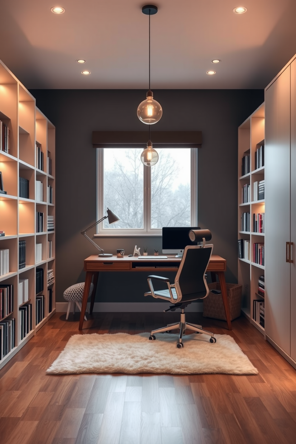 A modern study room with layered lighting creating a cozy atmosphere. The room features a sleek wooden desk positioned under a large window, complemented by a comfortable ergonomic chair and a stylish desk lamp. Warm pendant lights hang from the ceiling, casting a soft glow over the workspace. Bookshelves filled with neatly arranged books line the walls, while a plush rug adds a touch of comfort to the hardwood floor.