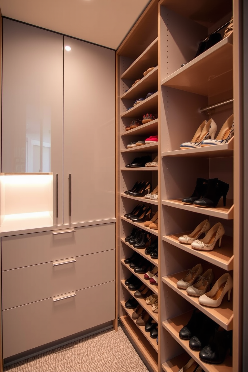 A modern walk-in closet features spinning shoe racks that allow for easy access to footwear. The design incorporates sleek cabinetry and ambient lighting to create an organized and stylish space.