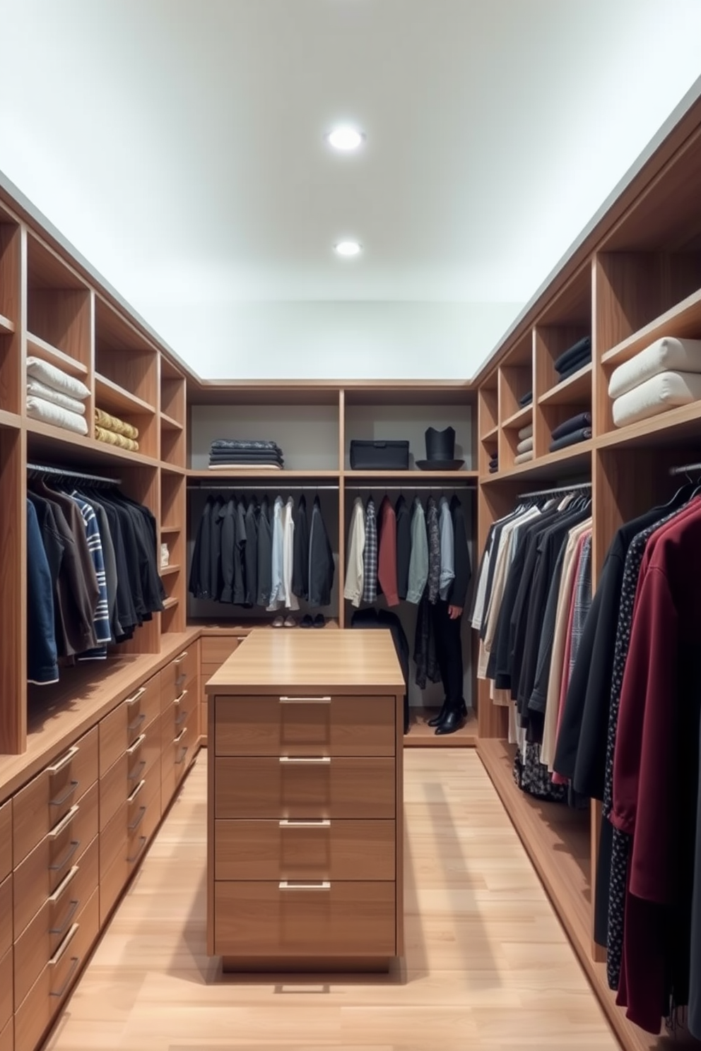 A modern walk-in closet featuring open shelving allows for easy visibility and access to clothing and accessories. The design includes sleek wooden shelves, a central island with drawers, and ample lighting to create a bright and organized space.